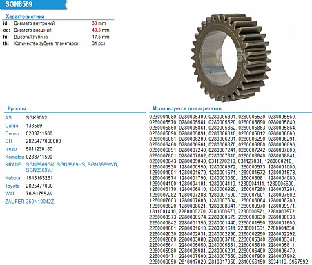Шестерня редуктора стартера SGN8569YJ